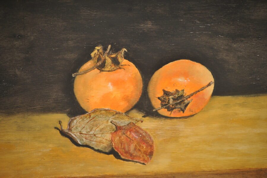 “Kaki con foglie” olio su tavola cm 38×28